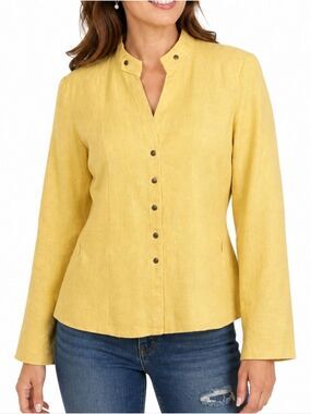 Coldwater Creek Yellow Linen Rayon Mandarin Collar Snap Front Jacket Bla…
